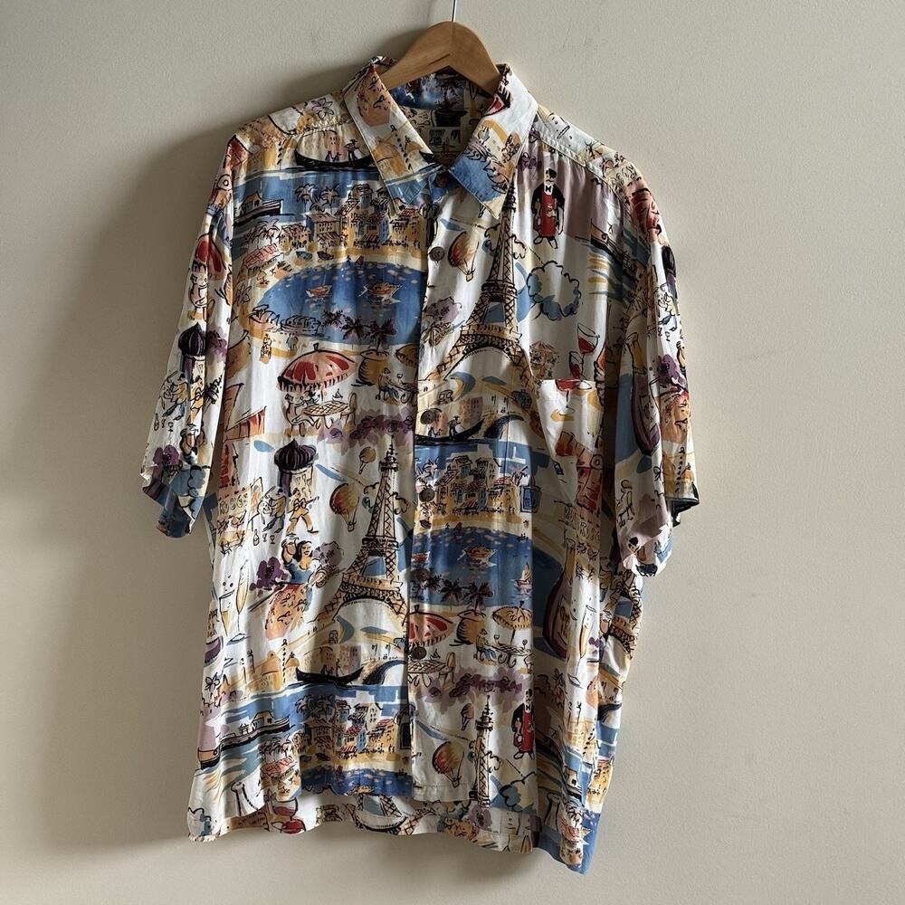 VTG Kahala John Severson Hawaiian Shirt Men's XL Paris Venice‎ Eiffel Tower Wine